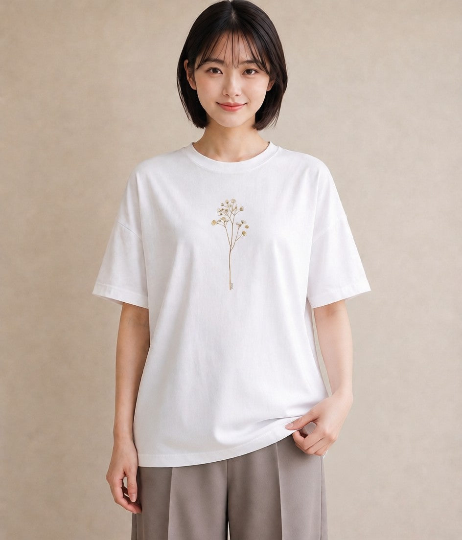 グラフィックTシャツ レディース カスミソウ かすみ草 花 花柄 イラスト ユニーク 買い物 夏コーデ 白T
