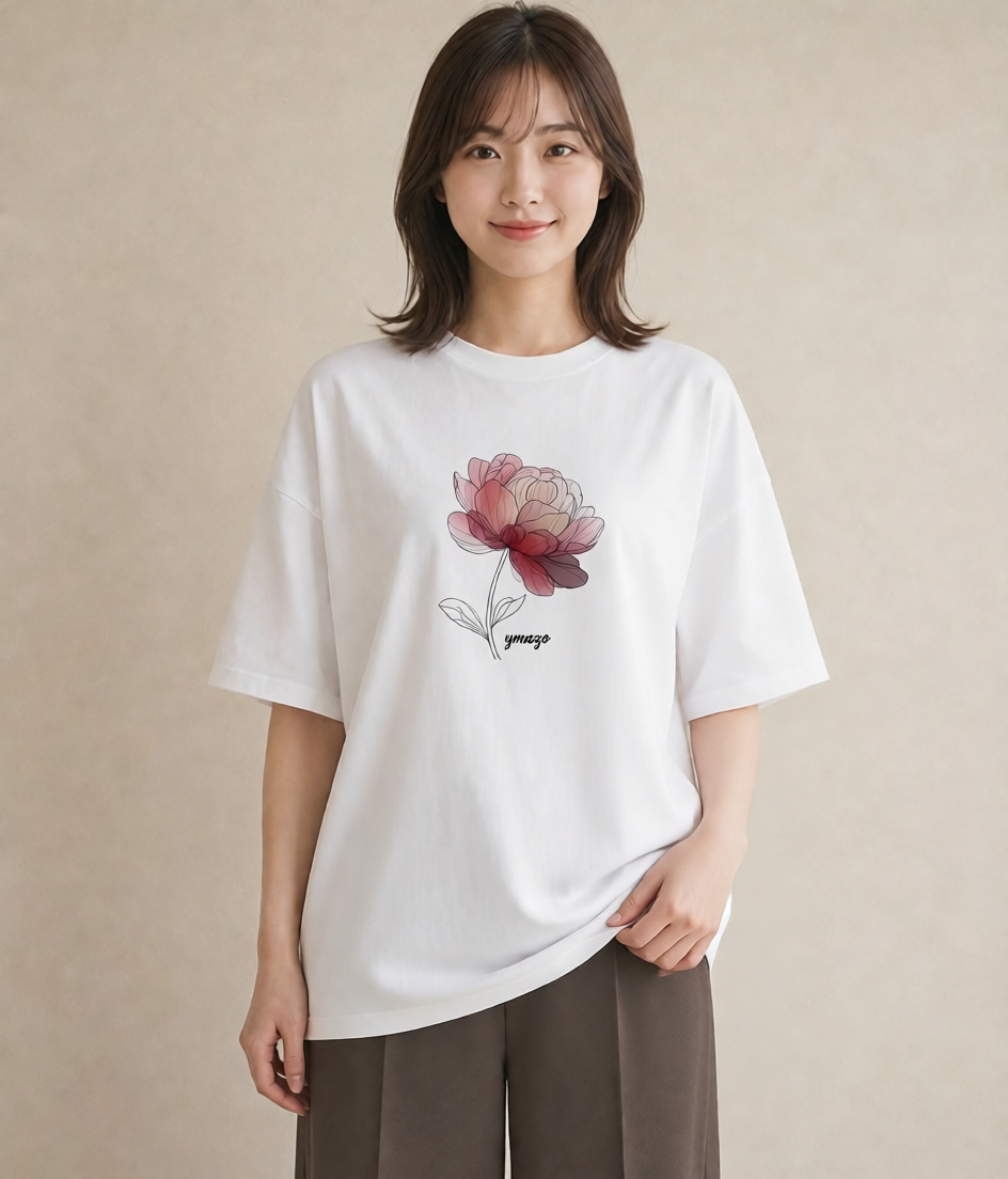 プリントTシャツ レディース 牡丹 花 花柄 イラスト 旅行コーデ 親子 20代 白T