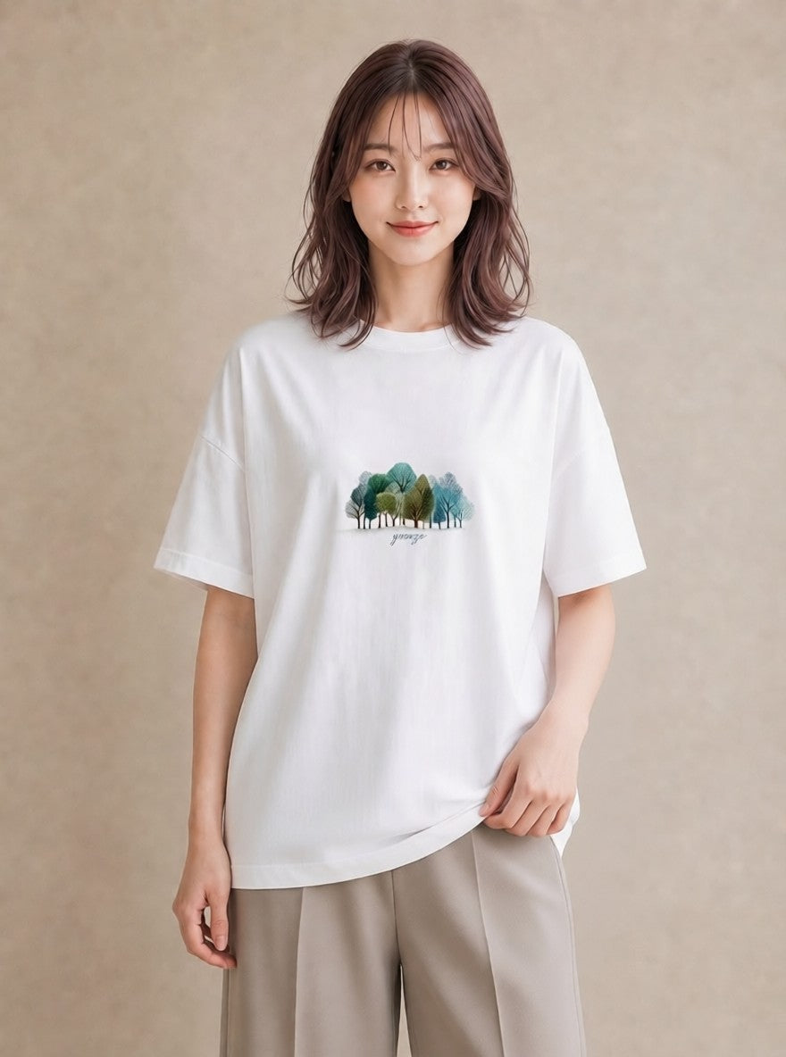 プリントTシャツ レディース 森 植物 ボタニカル イラスト ラフ 綿100 デート 白T YMAZO