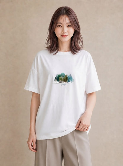 プリントTシャツ レディース 森 植物 ボタニカル イラスト ラフ 綿100 デート 白T YMAZO