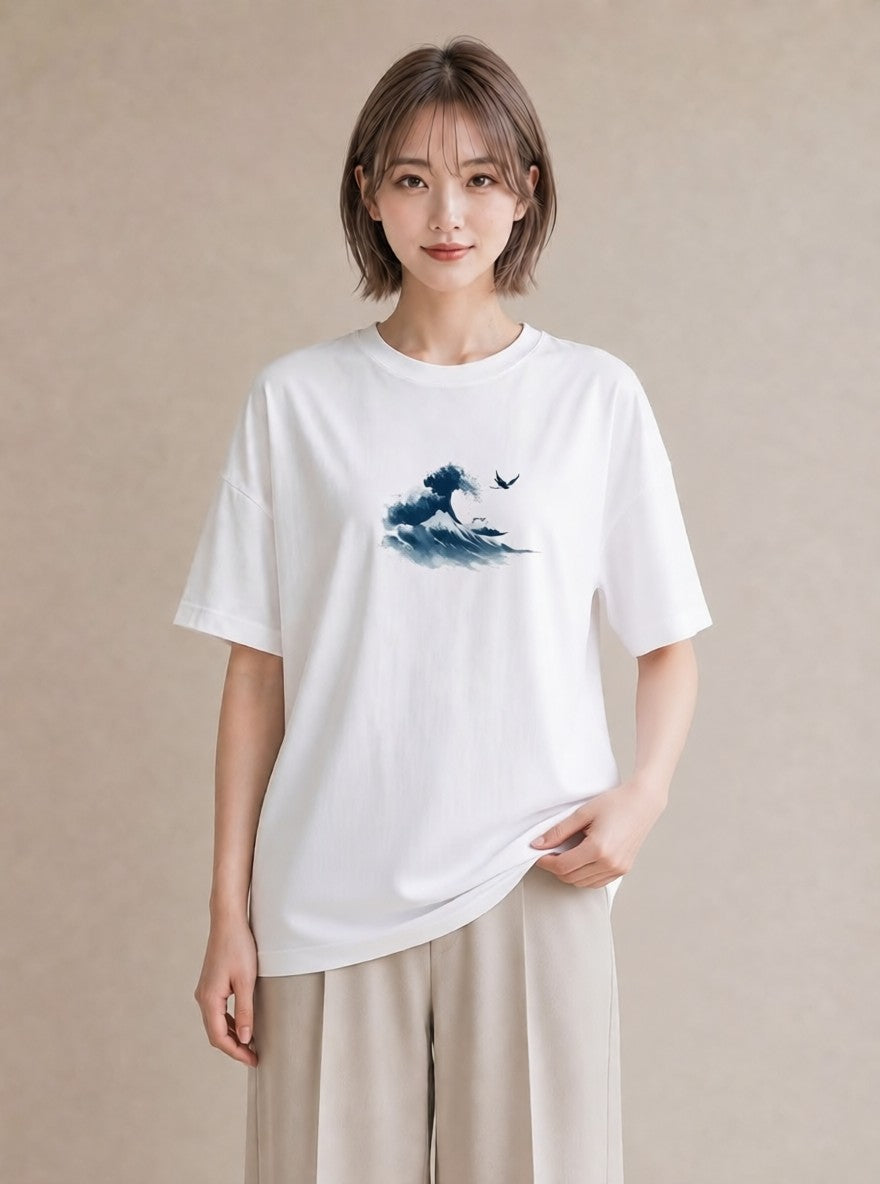デザインTシャツ レディース 波 星空 宇宙 イラスト ヴィンテージ風 ギフト 母の日 白T YMAZO