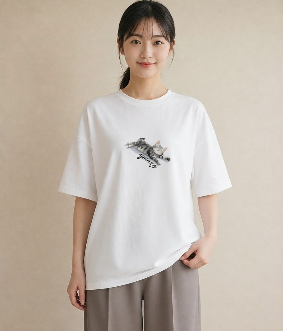 半袖Tシャツ レディース スコティッシュフォールド 猫 ねこ イラスト ガーリー 在宅 公園 白T YMAZO