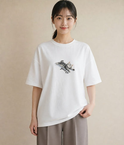 半袖Tシャツ レディース スコティッシュフォールド 猫 ねこ イラスト ガーリー 在宅 公園 白T YMAZO