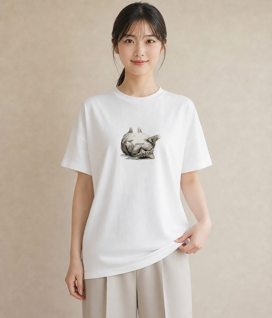 グラフィックTシャツ レディース しっぽ 猫 ねこ イラスト レトロ 送別ギフト 通勤 白T YMAZO