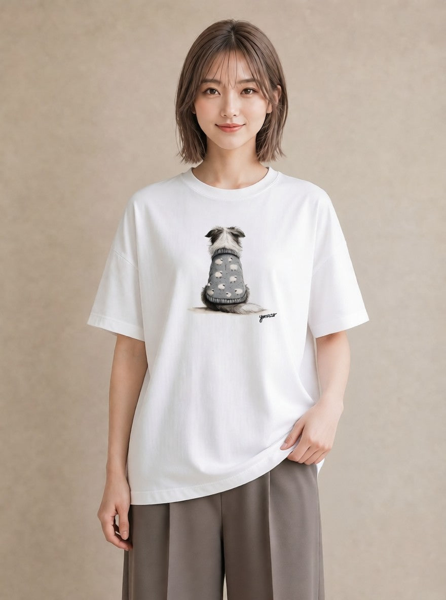 半袖Tシャツ レディース 犬 いぬ イラスト 休日コーデ 帰省 ラフ 白T YMAZO