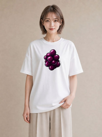 グラフィックTシャツ レディース ぶどう 葡萄 食べ物 フード イラスト 水彩風 友達ギフト 部屋着 白T YMAZO