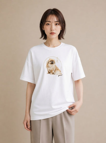 グラフィックTシャツ レディース 狆 犬 いぬ イラスト 20代 カジュアルコーデ 白T YMAZO