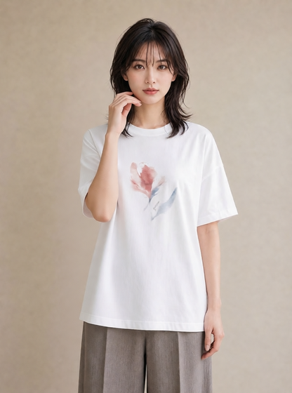 プリントTシャツ レディース チューリップ 花 花柄 イラスト ユニーク 在宅 公園 白T YMAZO