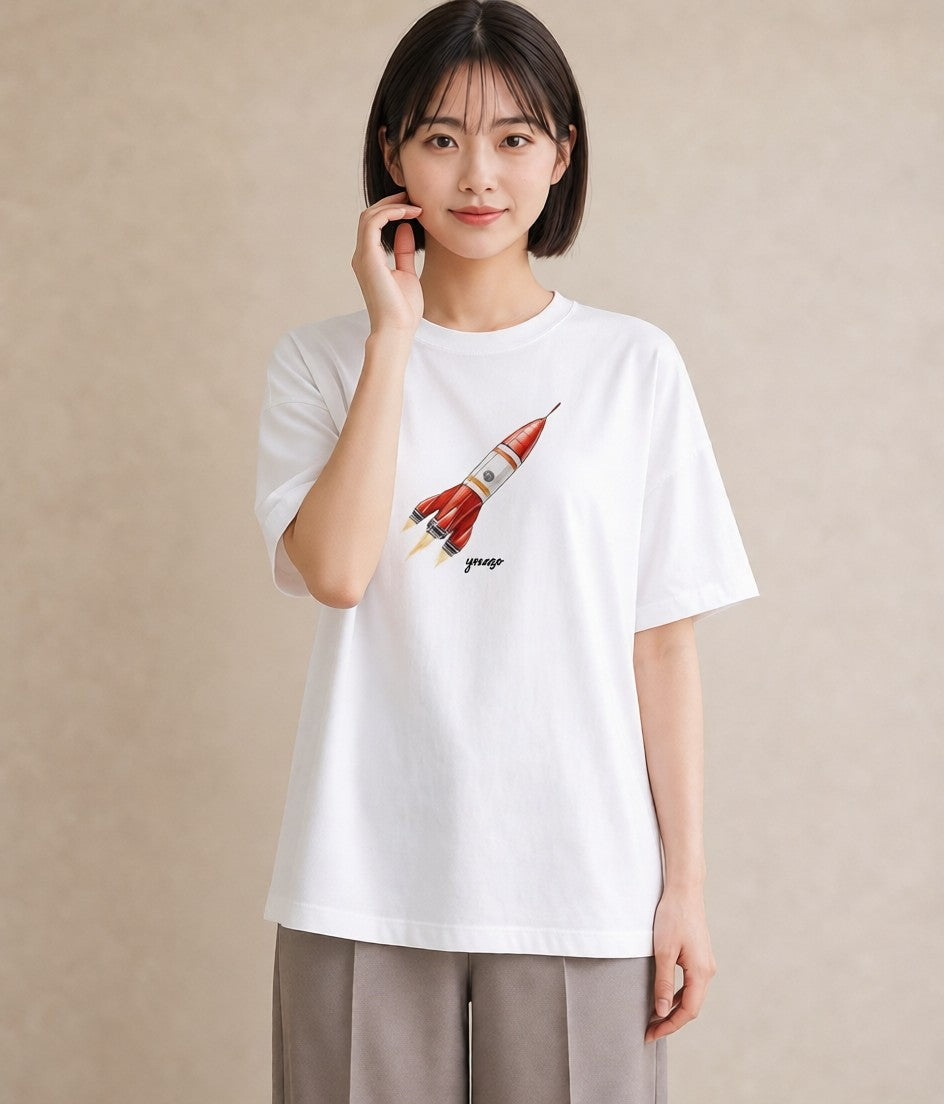 デザインTシャツ レディース ロケット 星空 宇宙 イラスト アート風 女子会 お揃い 白T YMAZO