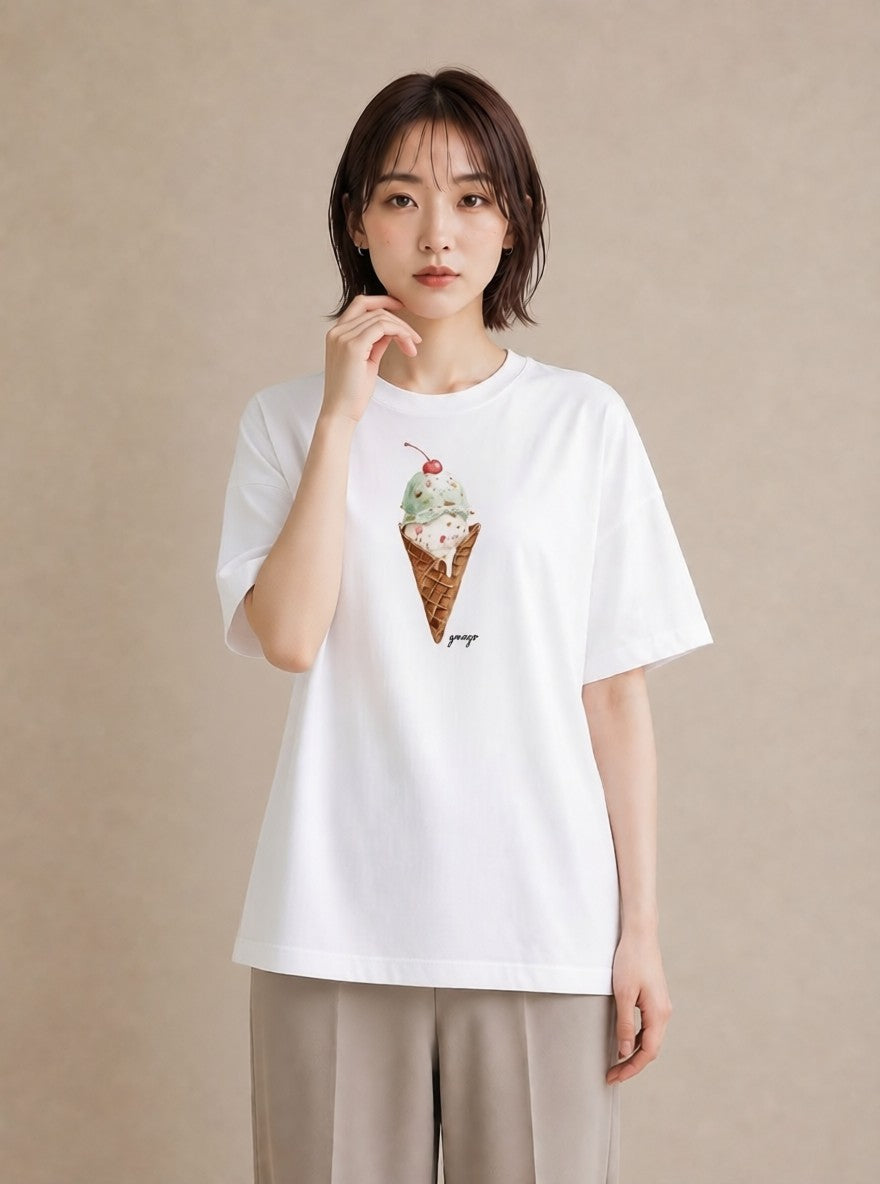 グラフィックTシャツ レディース パフェ 食べ物 フード イラスト 淡色 カフェ巡り 女子会 白T YMAZO