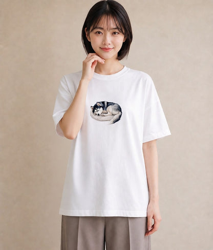 Tシャツ レディース シベリアンハスキー 犬 いぬ イラスト 抜け感 誕生日プレゼント 綿100 白T YMAZO