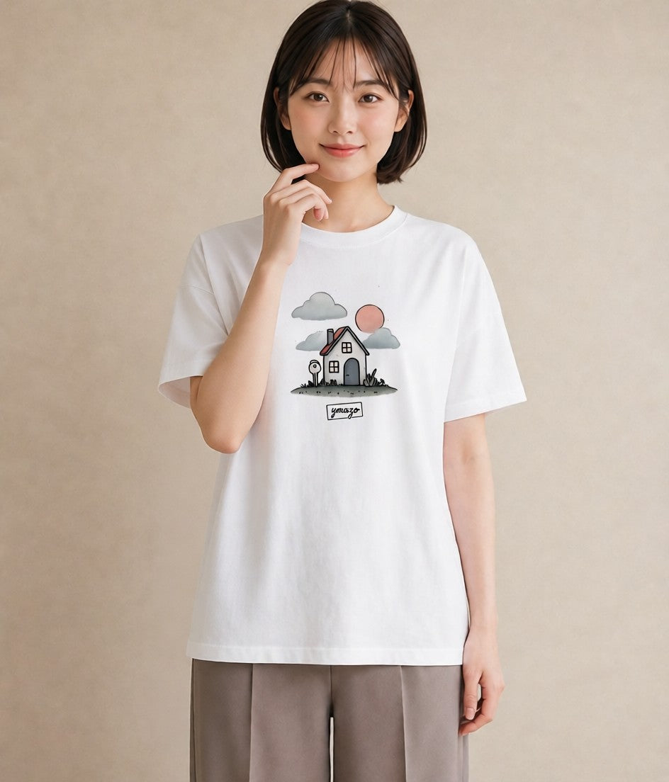 Tシャツ レディース 灯りの家 小屋 夜 ナチュラル アンティーク イラスト モード 部屋着 女性向けギフト 白T YMAZO
