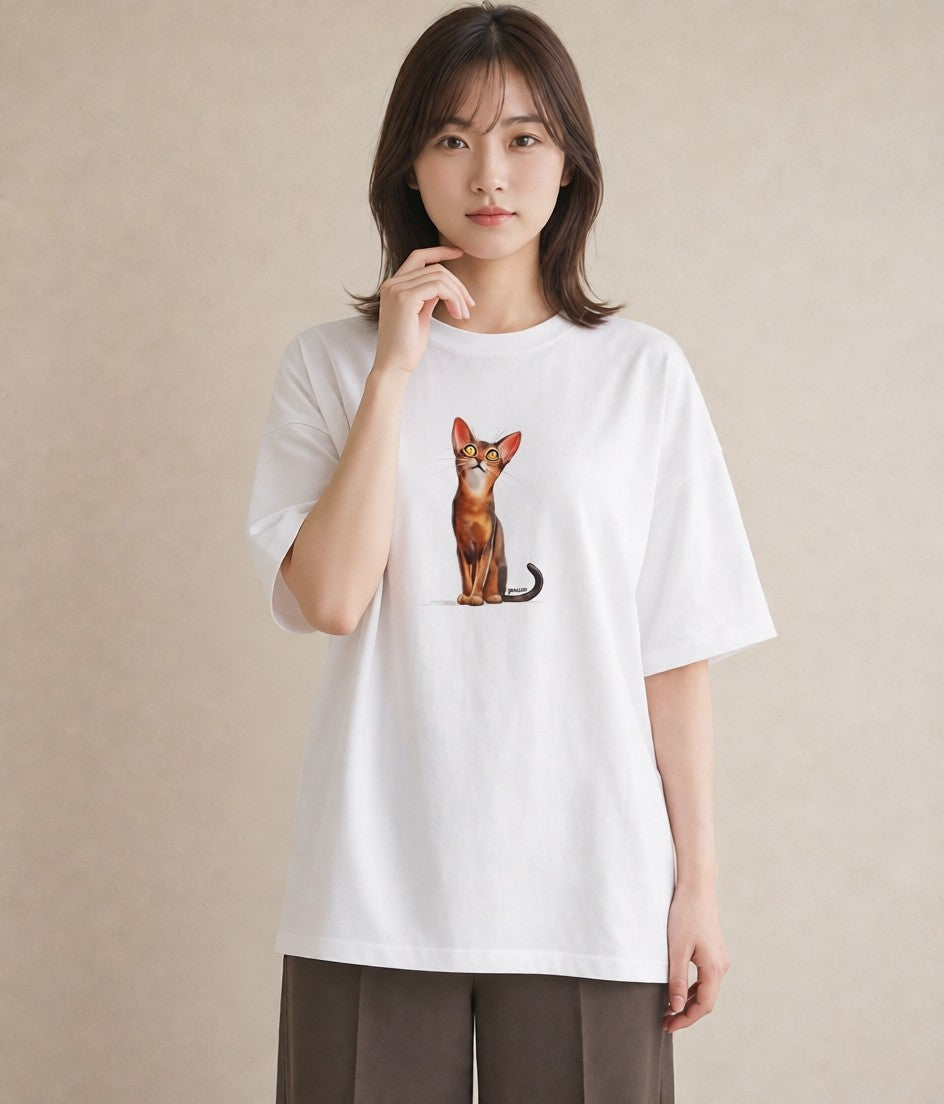 デザインTシャツ レディース 茶トラ 茶猫 猫 ねこ イラスト ラフ 通学 誕生日プレゼント 白T YMAZO