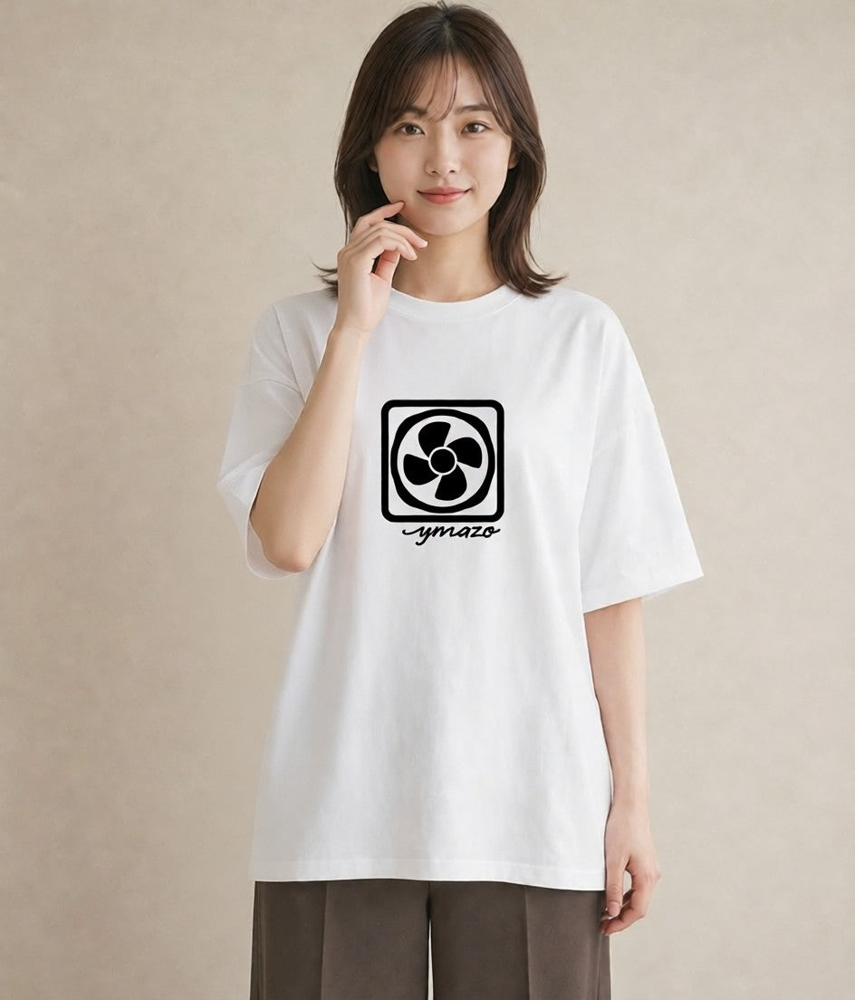プリントTシャツ レディース 扇子 そよ風 ナチュラル アンティーク イラスト アート風 公園 ママ 白T YMAZO