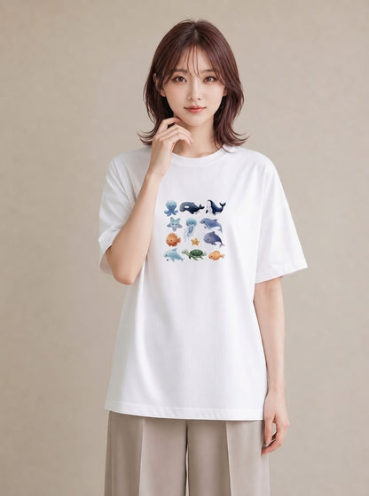 グラフィックTシャツ レディース イルカ 海の生き物 海 イラスト 北欧風 通勤 在宅 白T YMAZO
