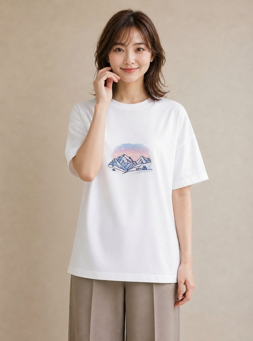 半袖Tシャツ レディース オーロラ 星空 宇宙 イラスト 個性的 春服 ミセス 白T YMAZO