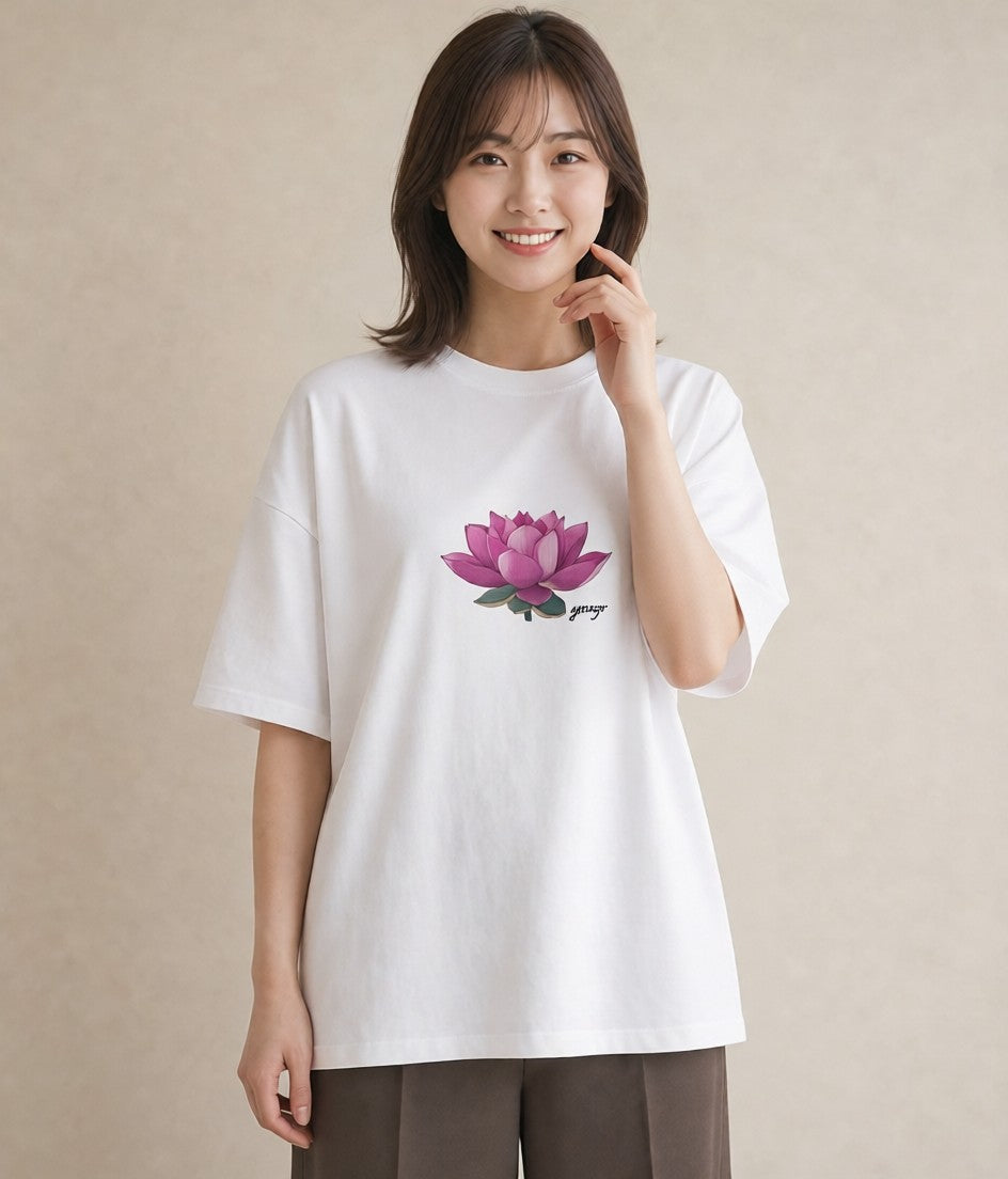 プリントTシャツ レディース 蓮 花 花柄 イラスト 淡色 お出かけ 普段着 白T YMAZO