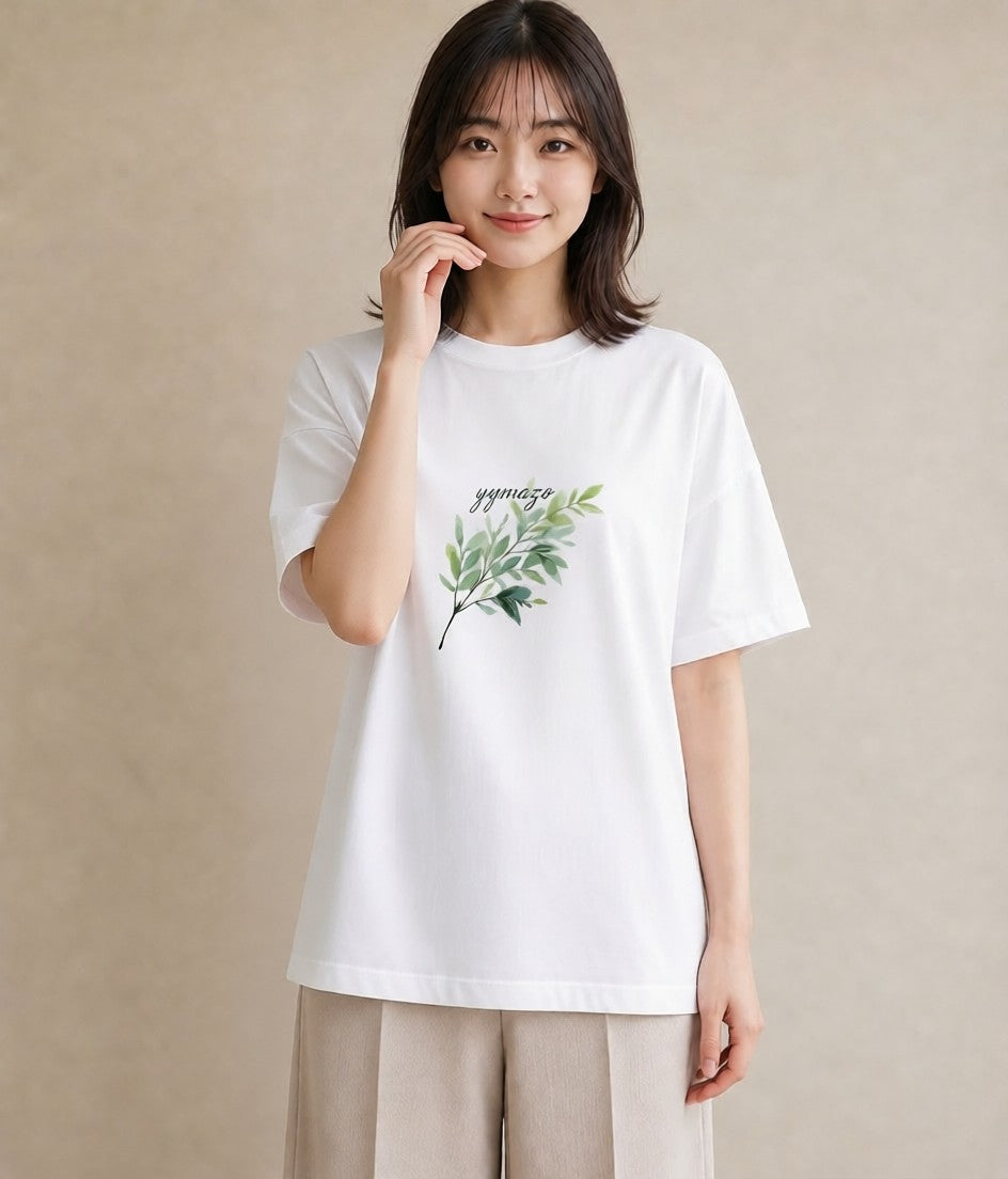 グラフィックTシャツ レディース ユーカリ 植物 ボタニカル イラスト ゆるコーデ ペアコーデ 秋コーデ 白T YMAZO