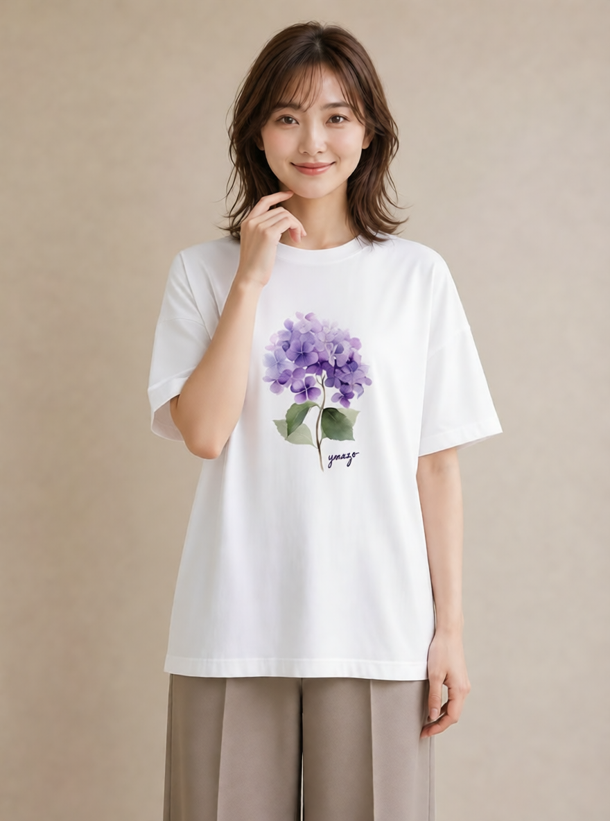 デザインTシャツ レディース あじさい 紫陽花 アジサイ 花 花柄 イラスト 母娘コーデ 自分用 白T YMAZO