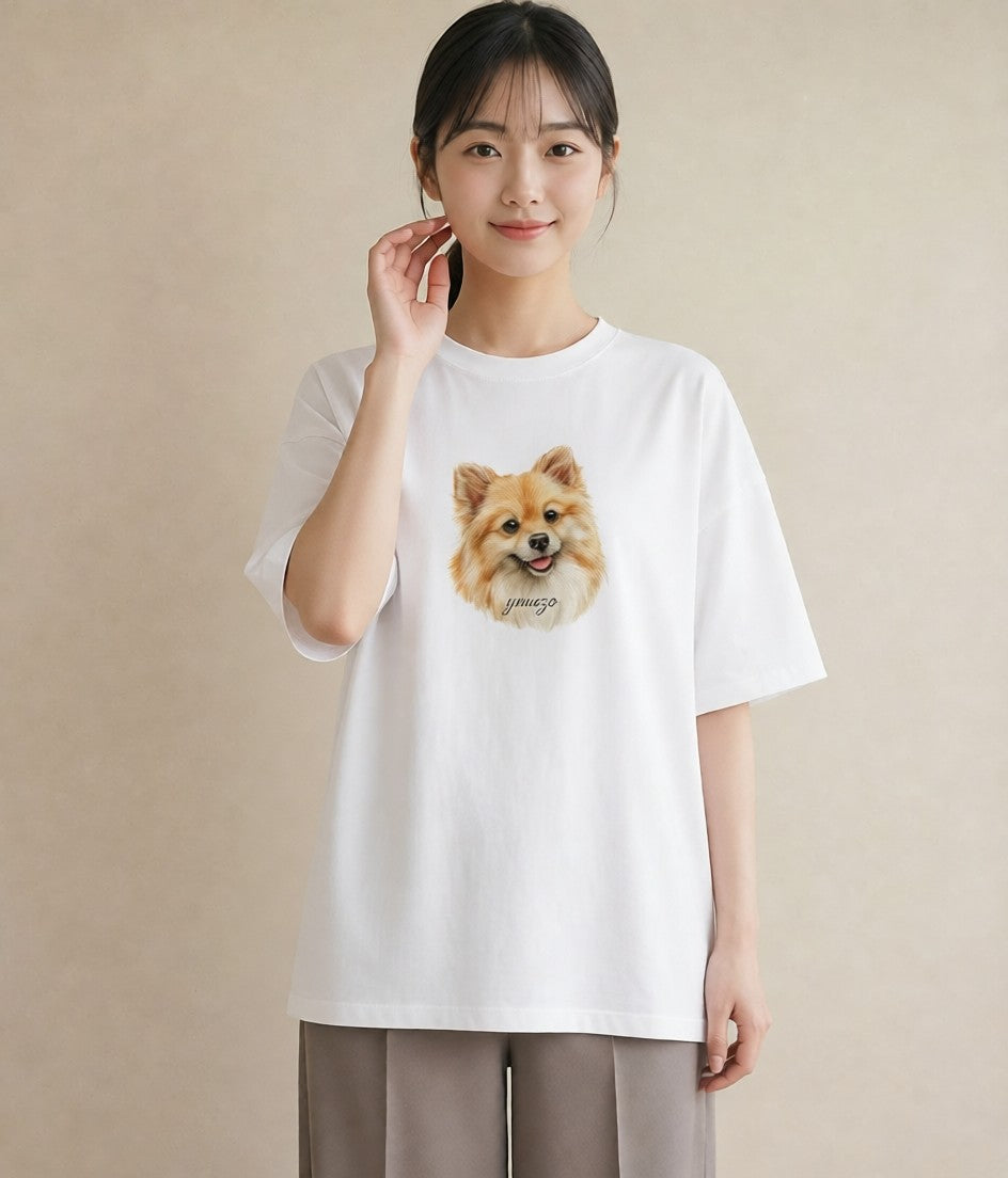 デザインTシャツ レディース ポメラニアン ポメ 犬 いぬ イラスト 春服 ミセス 白T YMAZO