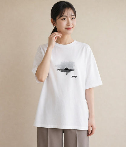 デザインTシャツ レディース 街灯 夜霧 夜 ナチュラル アンティーク イラスト ポップ ママ カフェ服 白T YMAZO