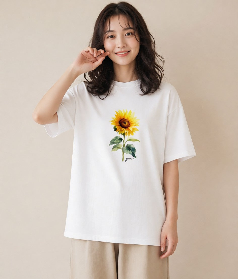 デザインTシャツ レディース ひまわり 向日葵 花 花柄 イラスト ゆるかわ 誕生日プレゼント 綿100 白T YMAZO