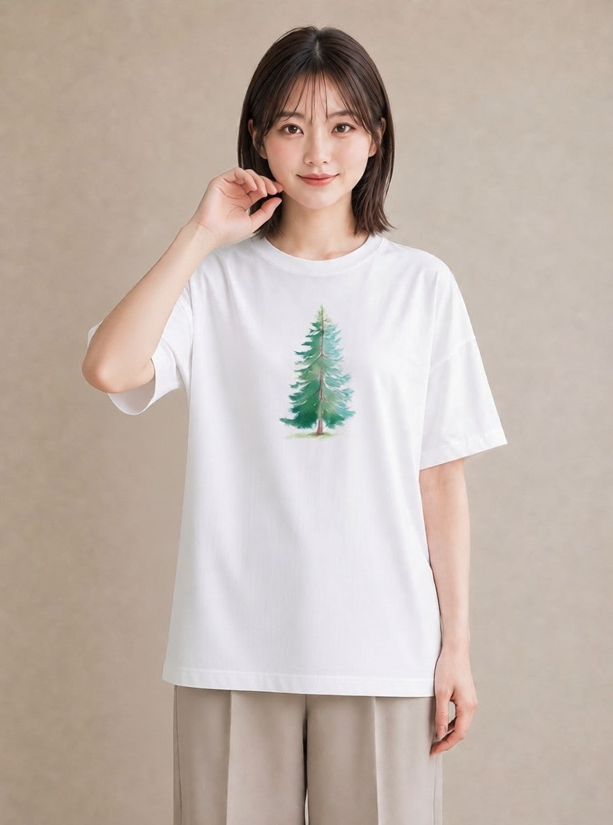 半袖Tシャツ レディース 松ぼっくり 植物 ボタニカル イラスト ニュアンス ペアコーデ 秋コーデ 白T YMAZO