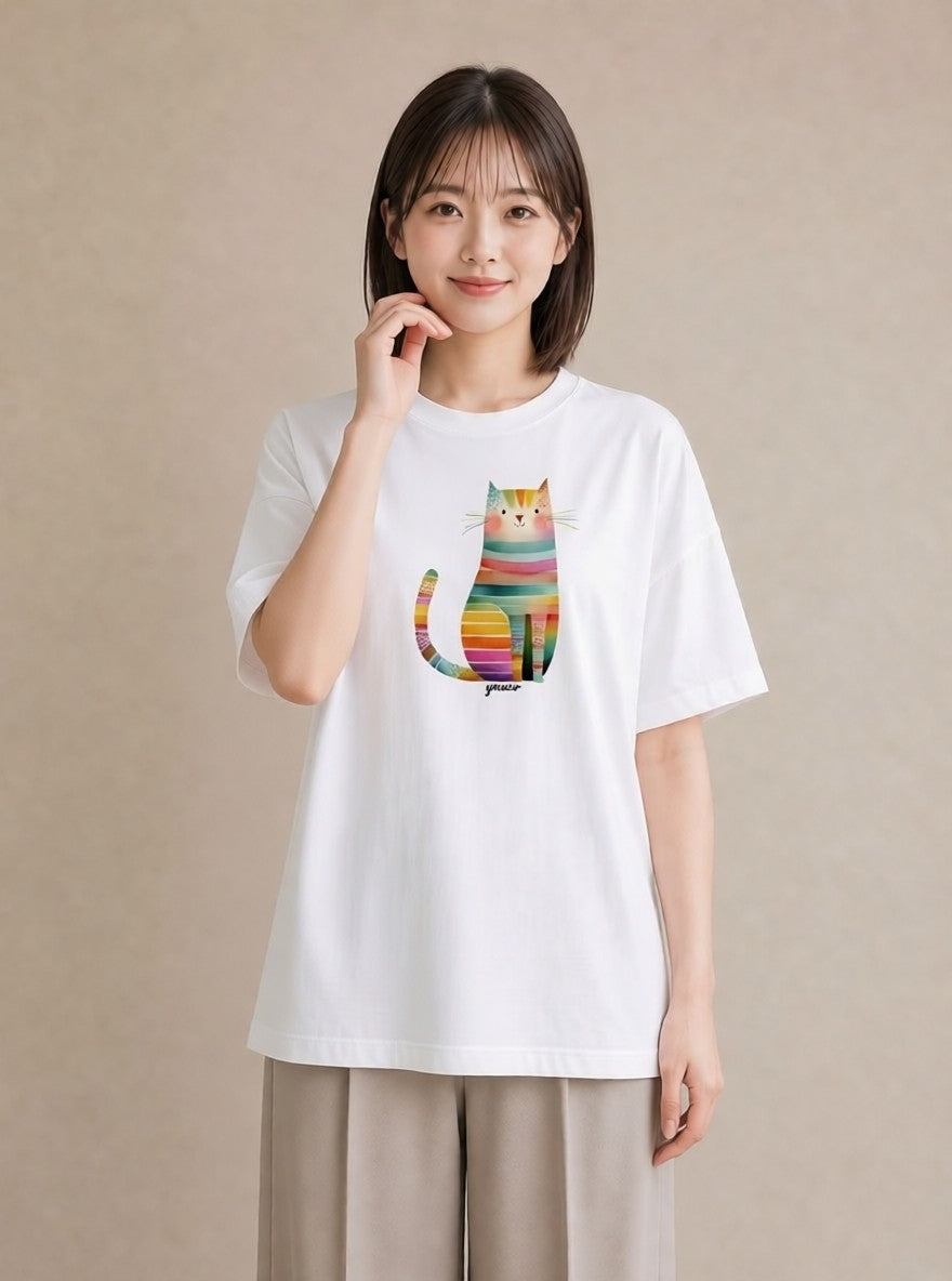 半袖Tシャツ レディース ねこ 猫 ネコ イラスト カフェコーデ 送別ギフト 通勤 白T YMAZO