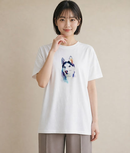 Tシャツ レディース シベリアンハスキー 犬 いぬ イラスト ラフカジュアル デイリーウェア 休日 白T YMAZO