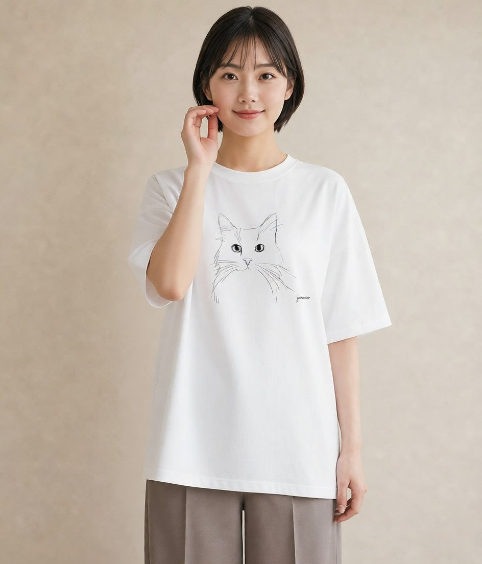 半袖Tシャツ レディース 猫 ねこ ネコ イラスト ナチュラル 春コーデ 姉妹 白T YMAZO