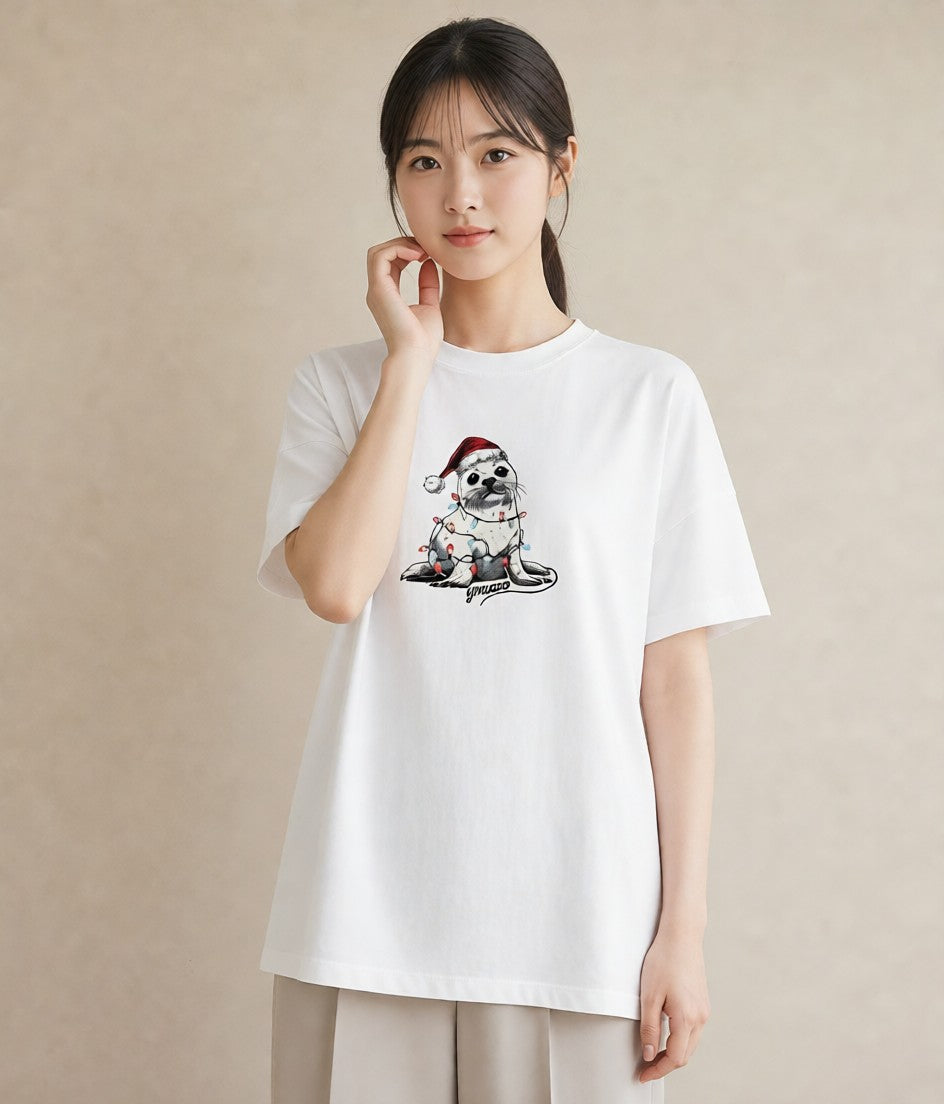 Tシャツ レディース ゴマフアザラシ 動物 アニマル イラスト シンプル デイリーウェア 休日 白T YMAZO