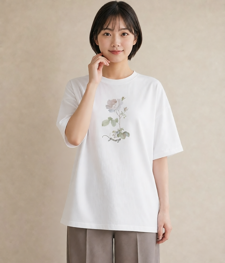 半袖Tシャツ レディース バラ 薔薇 ローズ 花 花柄 イラスト 可愛い デイリーウェア 休日 白T YMAZO