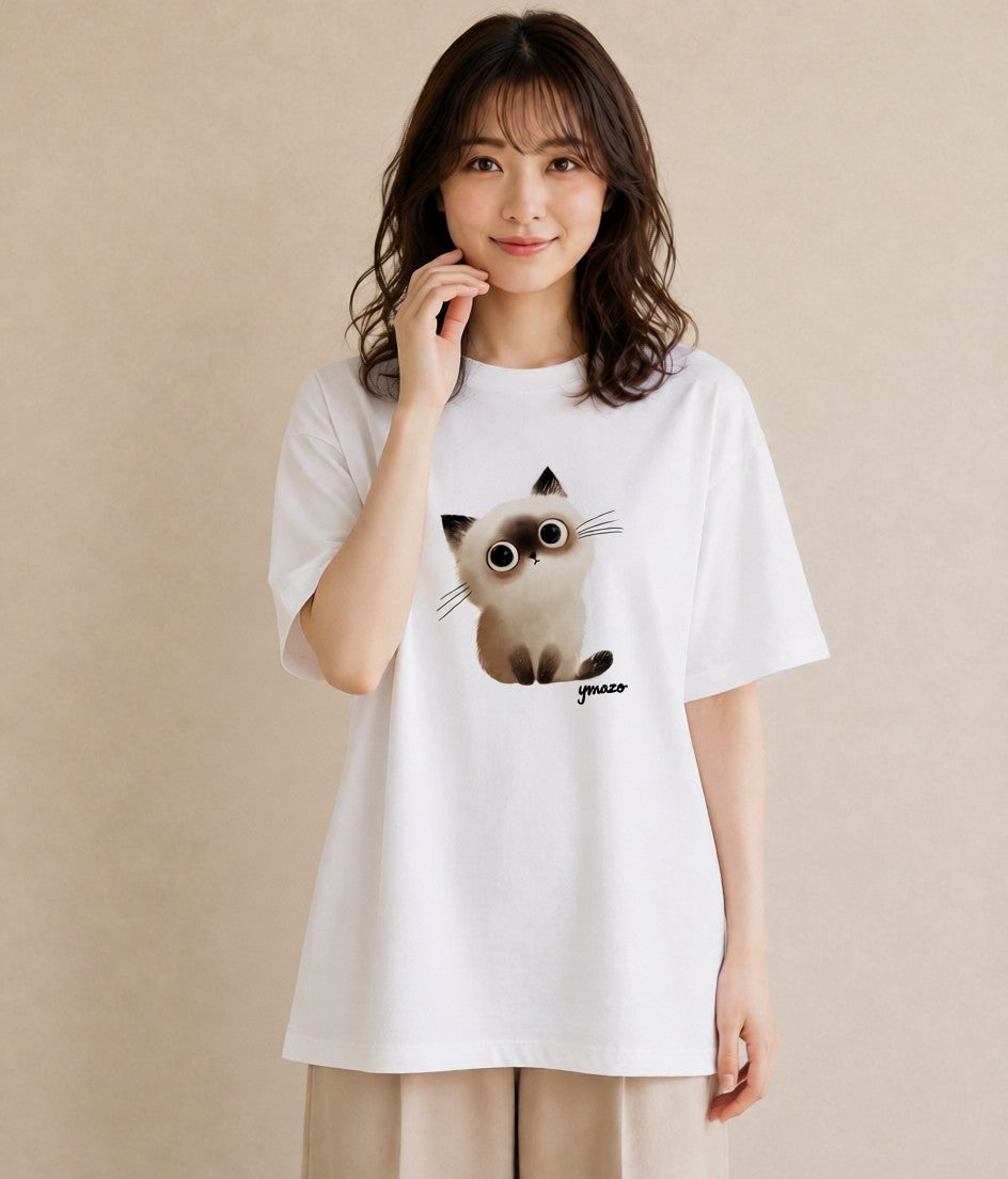 Tシャツ レディース ペルシャ 猫 ねこ イラスト 淡色 綿100 デート 白T YMAZO