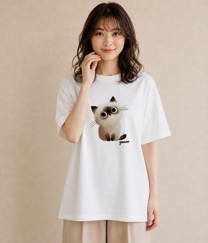 Tシャツ レディース ペルシャ 猫 ねこ イラスト 淡色 綿100 デート 白T YMAZO