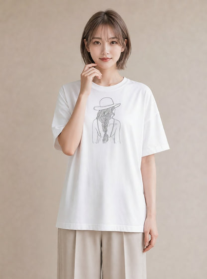 半袖Tシャツ レディース 女の子 ガール 後ろ姿 イラスト ヴィンテージ風 買い物 夏コーデ 白T YMAZO