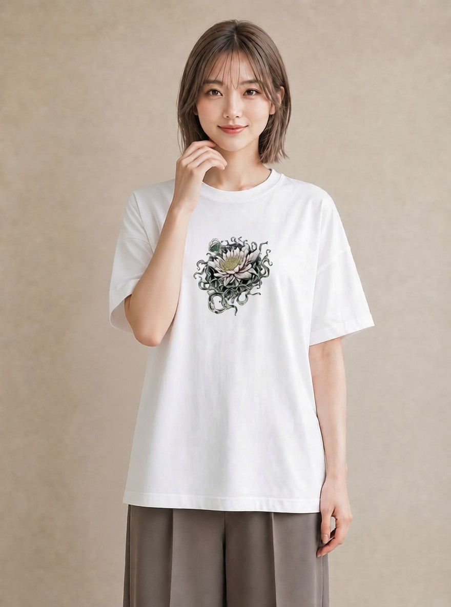 プリントTシャツ レディース 蓮 花 花柄 イラスト シック カフェ巡り 女子会 白T YMAZO
