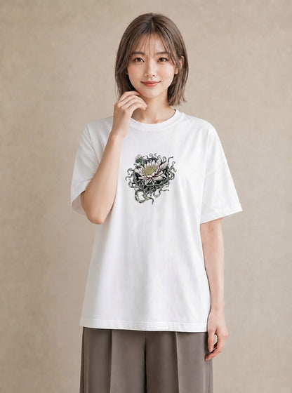 プリントTシャツ レディース 蓮 花 花柄 イラスト シック カフェ巡り 女子会 白T YMAZO