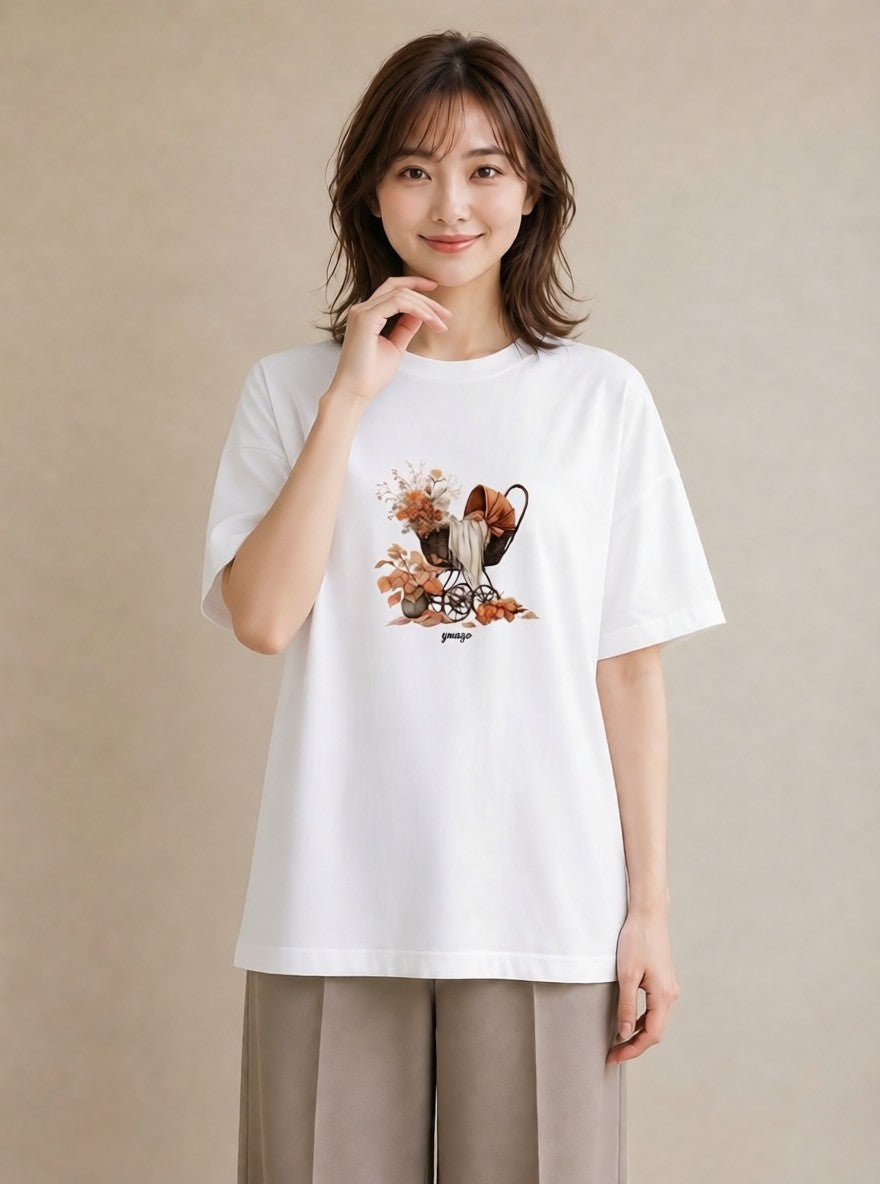 グラフィックTシャツ レディース 自転車のかご 自転車 花かご ナチュラル アンティーク イラスト 上品 女性向けギフト 散歩 白T YMAZO