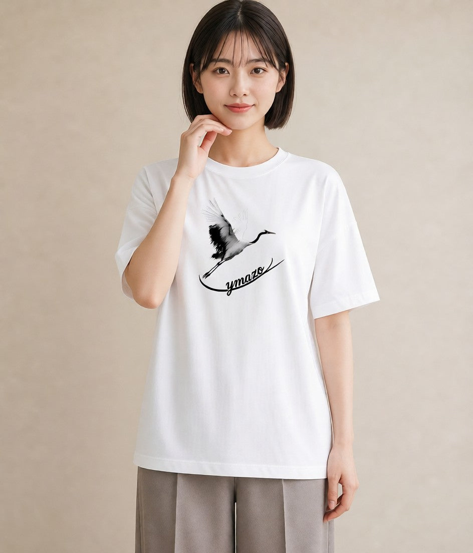 半袖Tシャツ レディース 折り鶴 折り紙 ナチュラル アンティーク イラスト こなれ感 ミセス 春コーデ 白T YMAZO