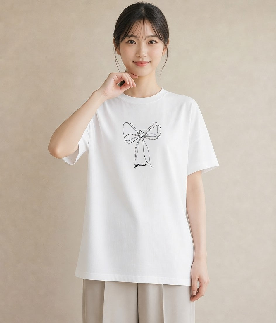 Tシャツ レディース リボン ボウ りぼん イラスト 線画 夏コーデ 通学 白T YMAZO