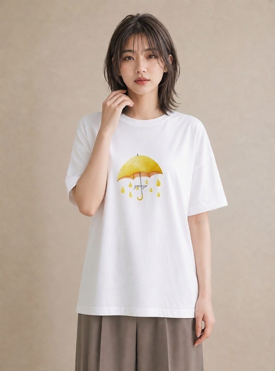 プリントTシャツ レディース 傘 水たまり 雨 ナチュラル アンティーク イラスト ボタニカル 旅行 母娘コーデ 白T YMAZO
