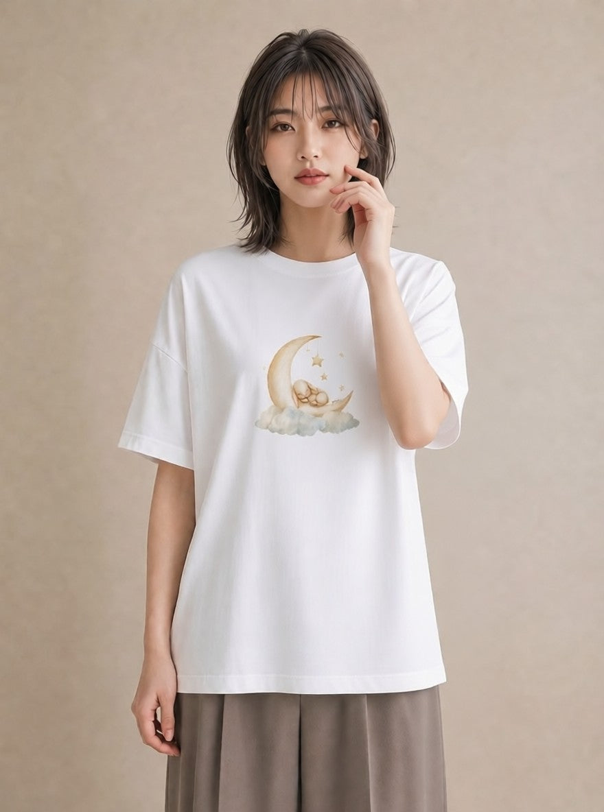 半袖Tシャツ レディース 三日月 星空 宇宙 イラスト 旅行コーデ 送別ギフト 通勤 白T YMAZO