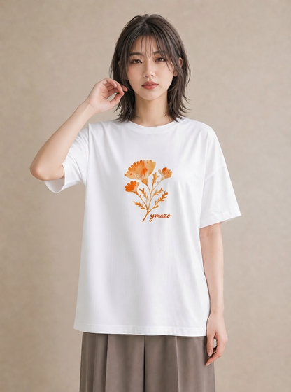 半袖Tシャツ レディース クローバー 四つ葉 花 花柄 イラスト 線画 カフェ服 クリスマス 白T