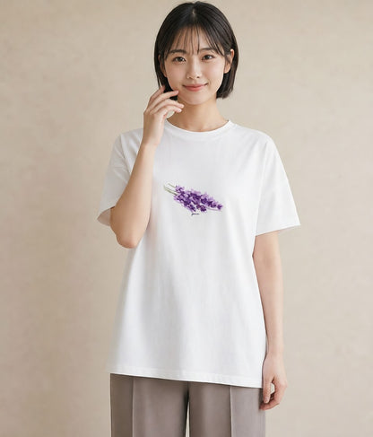 半袖Tシャツ レディース ラベンダー 花 花柄 イラスト カフェコーデ 誕生日プレゼント 綿100 白T YMAZO