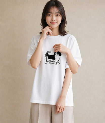 Tシャツ レディース 狆 犬 いぬ イラスト ナチュラル 普段着 週末コーデ 白T YMAZO