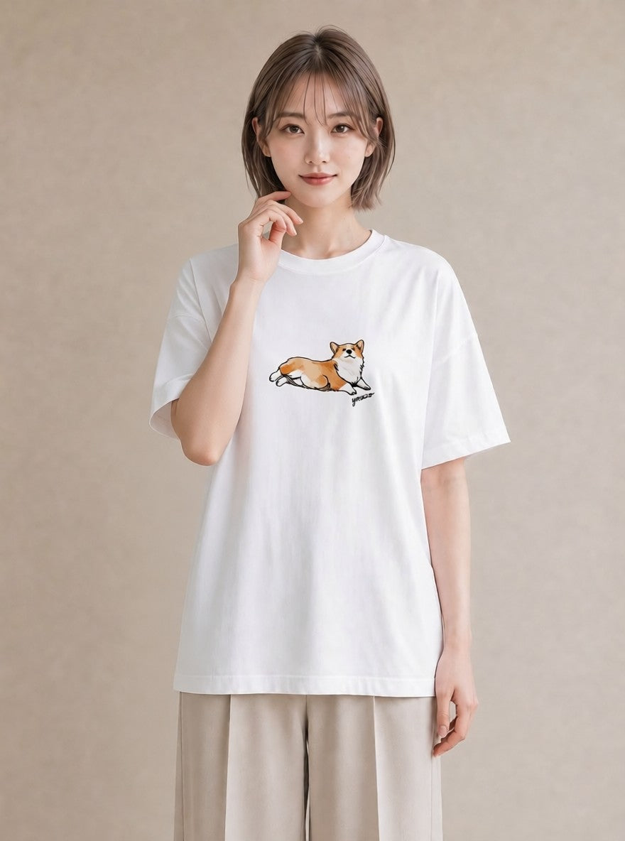 半袖Tシャツ レディース ウェルシュコーギー コーギー 犬 いぬ イラスト お洒落 ホワイトデー 春服 白T YMAZO