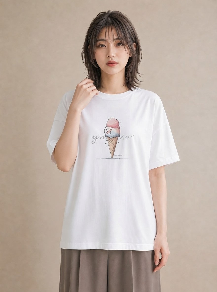 Tシャツ レディース ソフトクリーム 食べ物 フード イラスト こなれ感 ギフト 母の日 白T YMAZO