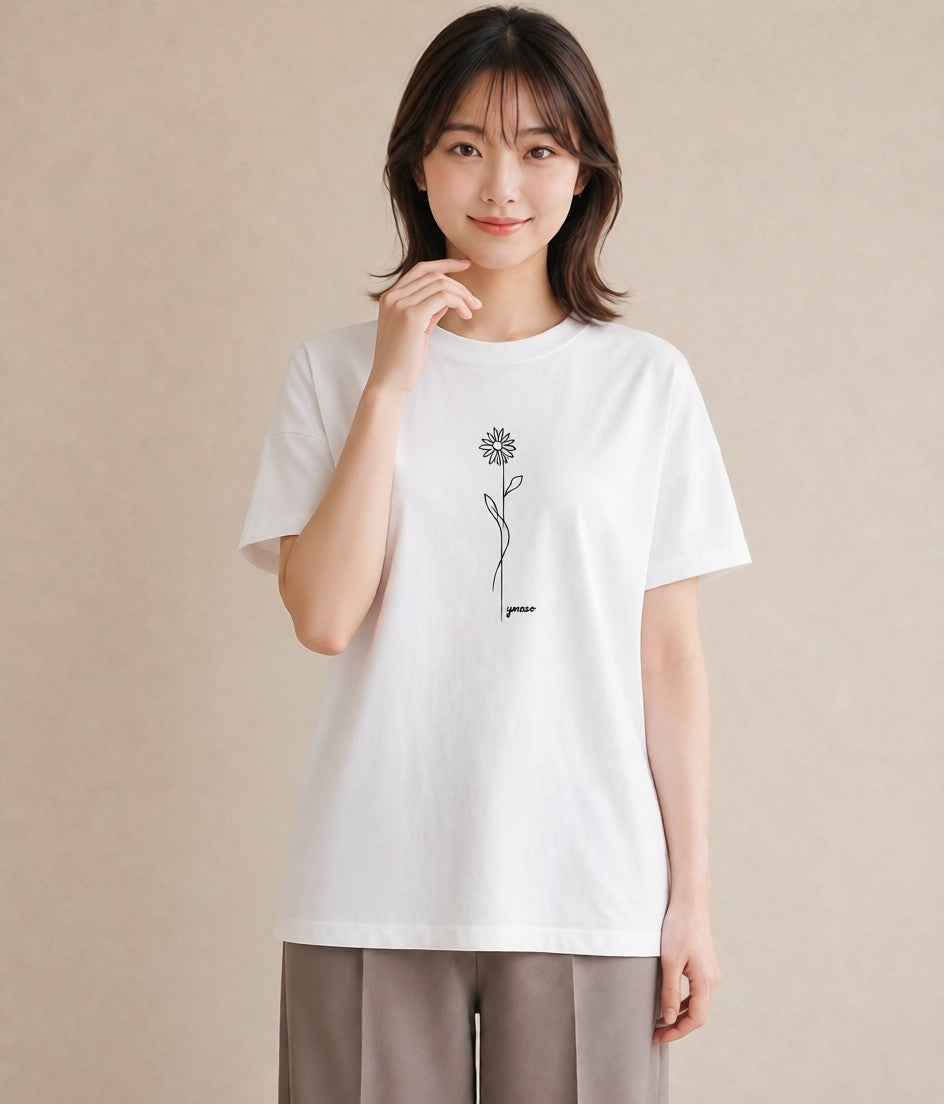 Tシャツ レディース 小花 花 フラワー イラスト 普段使い 綿100 デート 白T YMAZO