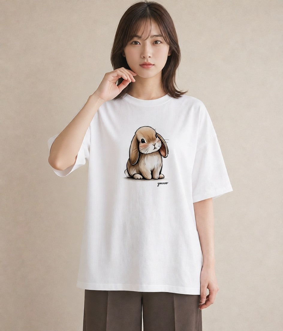 半袖Tシャツ レディース ロップイヤー ペット 動物 イラスト カフェコーデ 社会人 女性 白T YMAZO