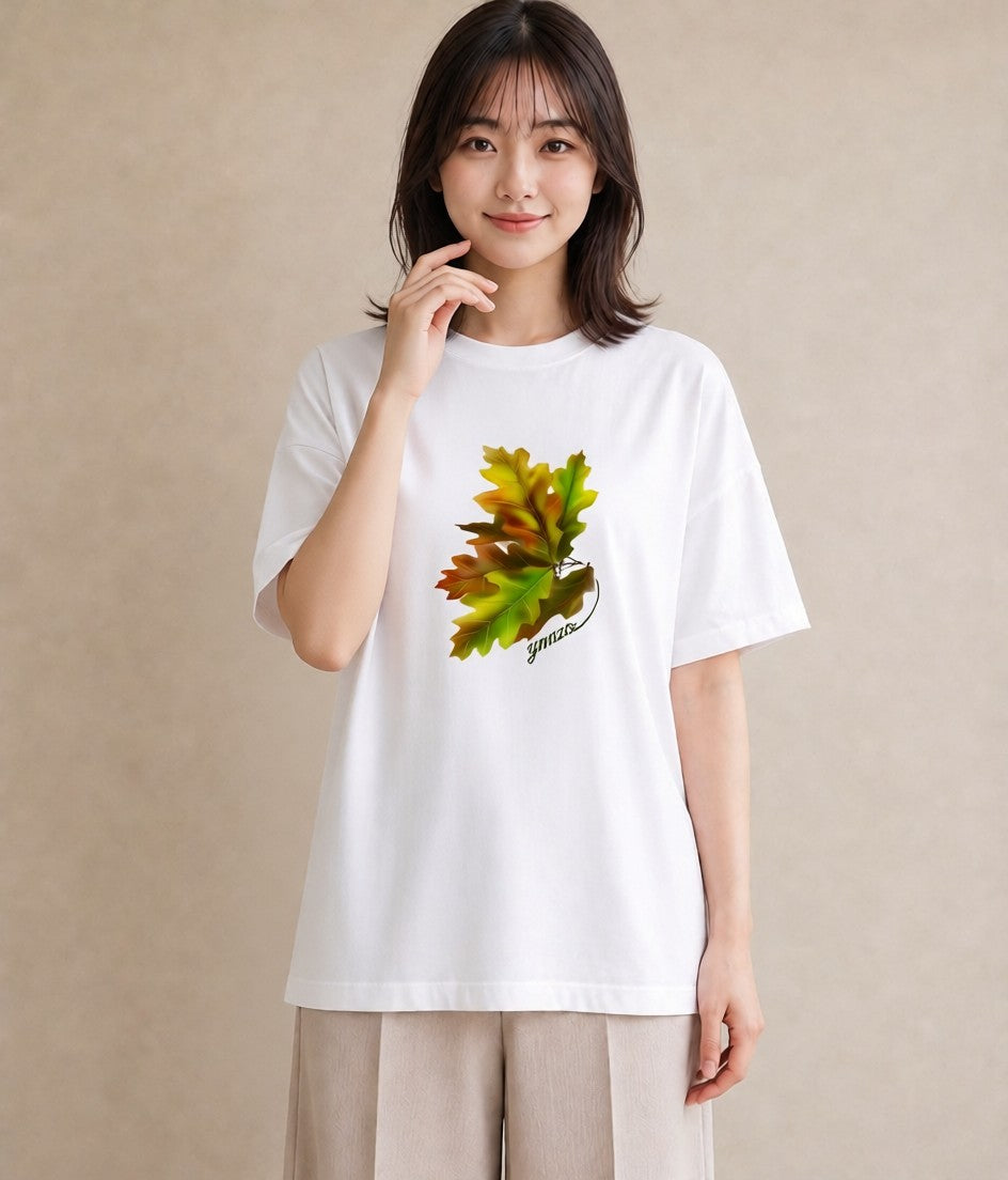 グラフィックTシャツ レディース 落ち葉 植物 ボタニカル イラスト ミセス 春コーデ 白T YMAZO